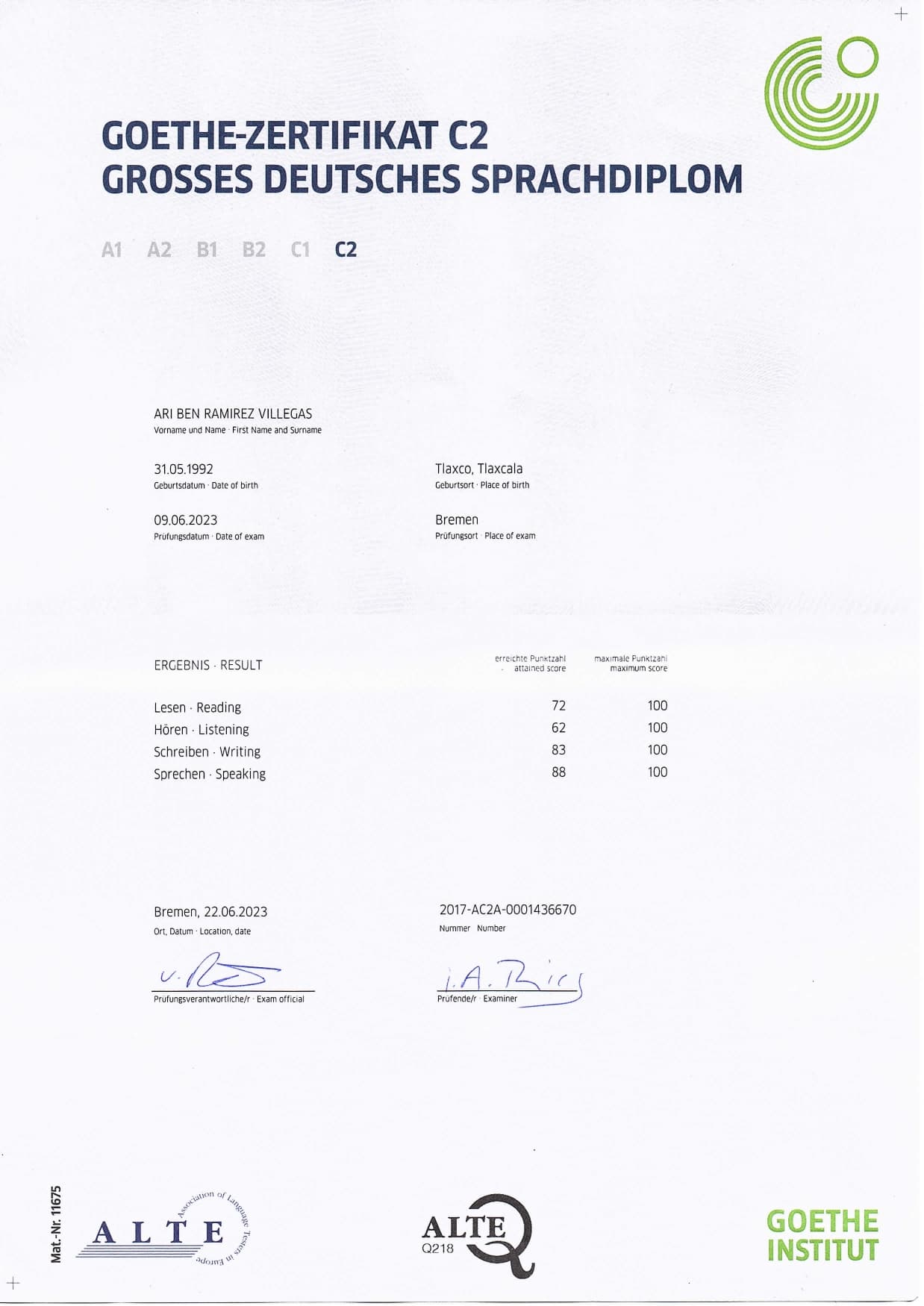 Certificado C2 de alemán de Ari Ben Ramírez Villegas, mostrado como respaldo documental del perfil docente.